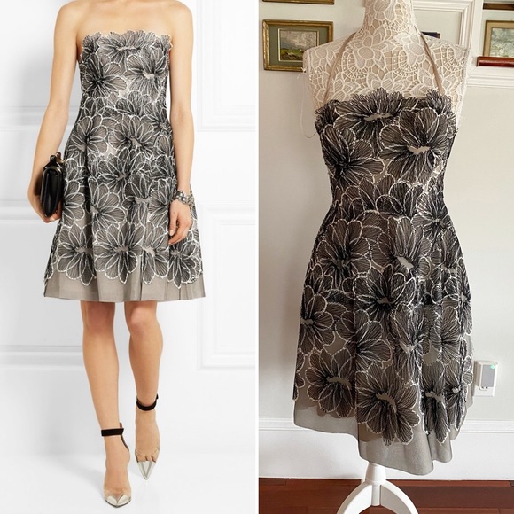 Lela Rose Dresses & Skirts - LELA ROSE Black Floral Mesh Embroidered Dress Halter Strapless Sz 8